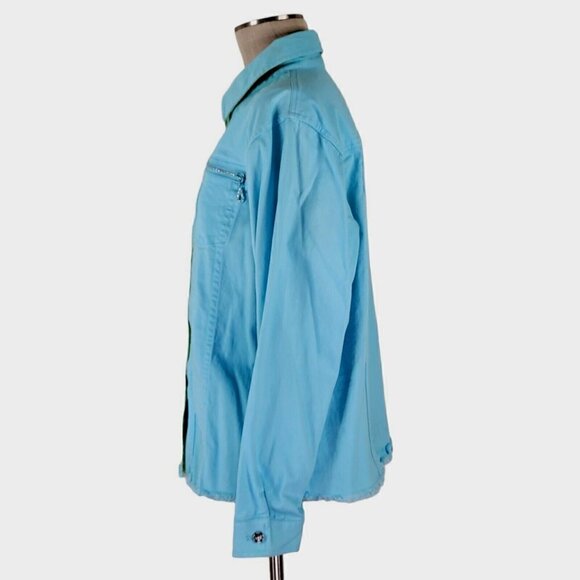 Quacker Factory Denim Jacket Size L Fringe Hem Rhinestone Zippers Jewel Buttons - Picture 2 of 11